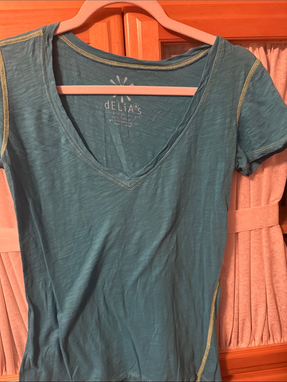dELiA*s Teal Short Sleeve V-Neck Tee with Contrast Stitching